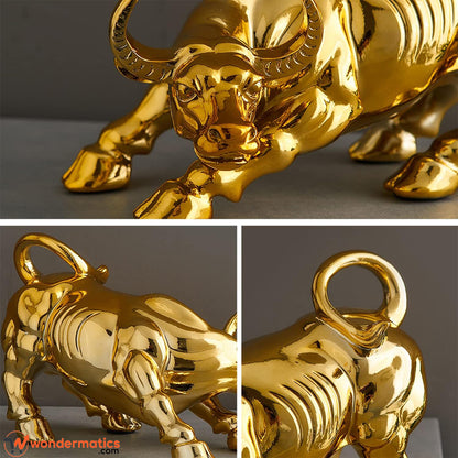 Highlight of the bull's charging stance and muscular sculpted detail in gold finish