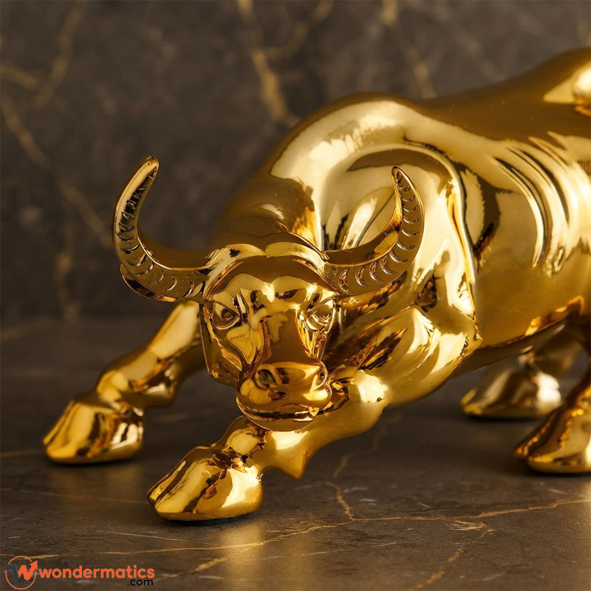 Close-up of the glossy gold finish and sculpted detailing on the bull figurine