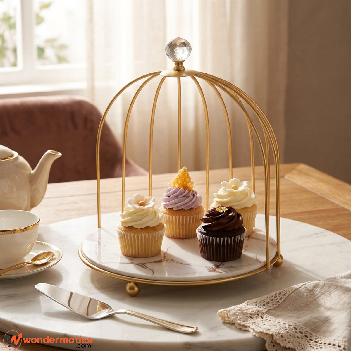Gold cage cupcakes and multipurpose serving organizer 