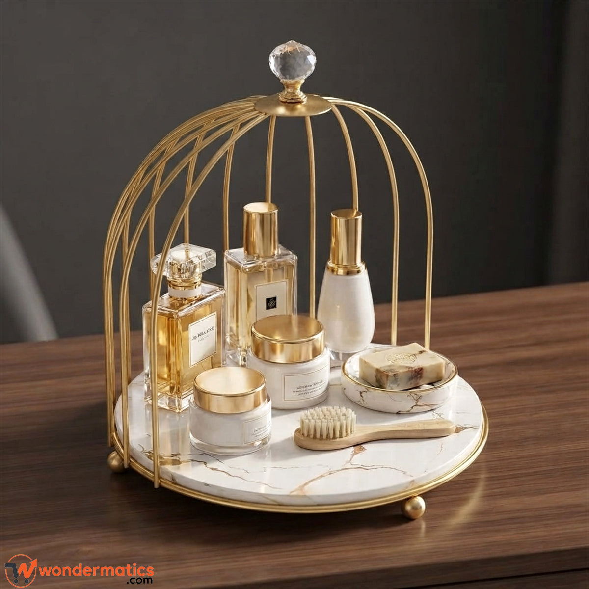 Side angle of Nordic gold cage organizer tray showing the cage frame and glass base