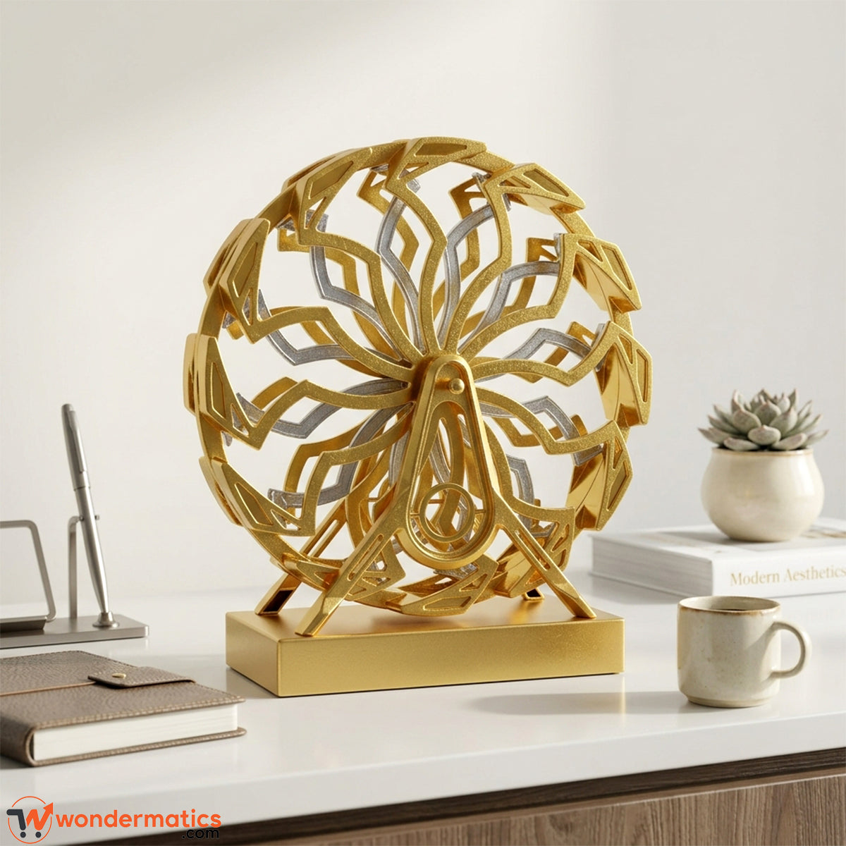 Gold kinetic Ferris wheel decor placed on an office desk