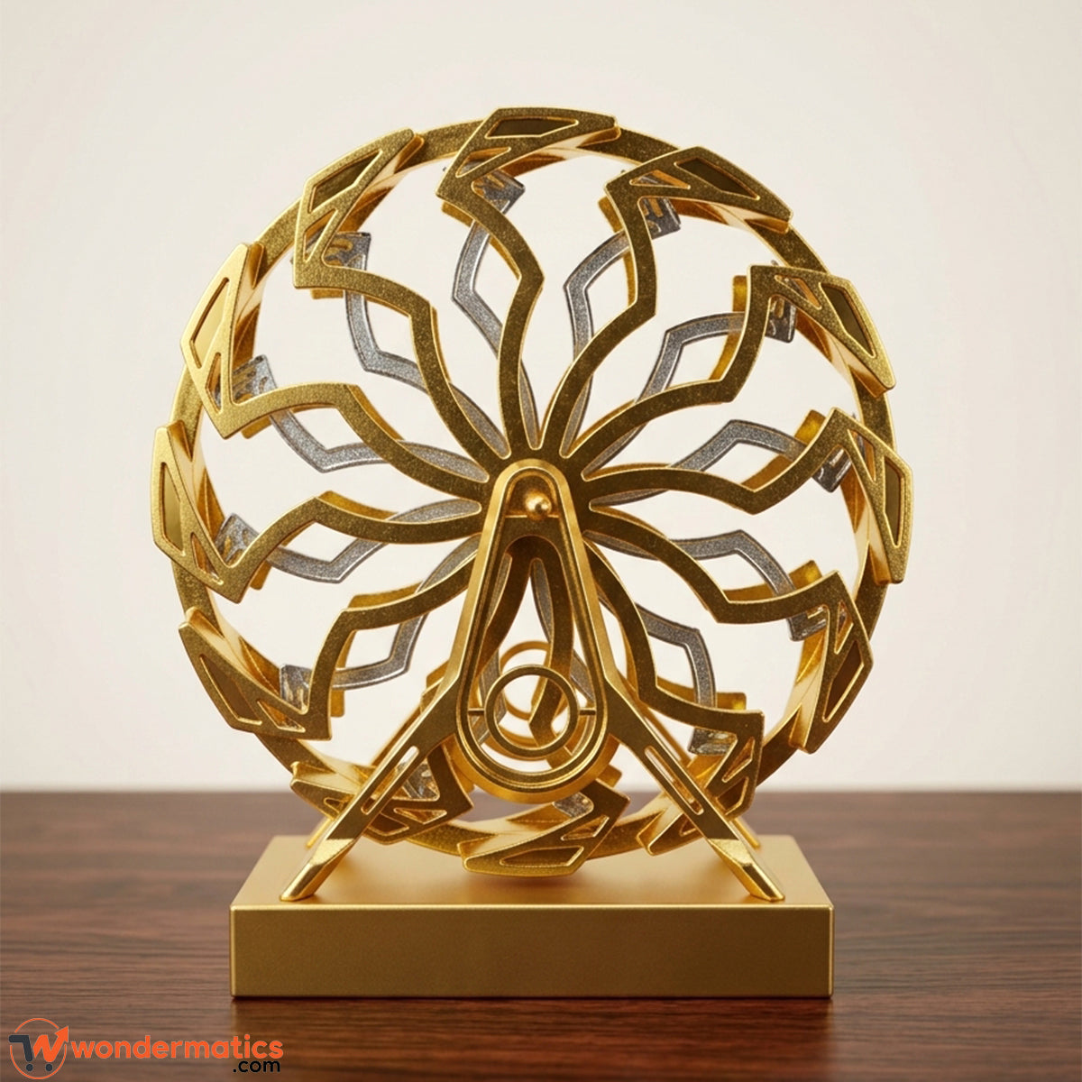 Front view of a gold Ferris wheel decorative sculpture