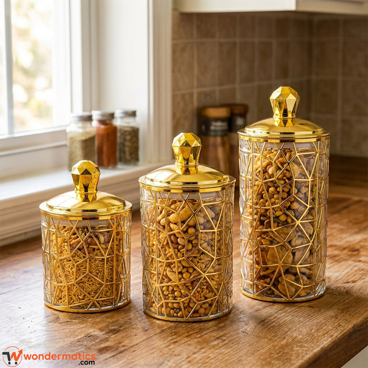 Close-up of intricate gold geometric pattern on clear acrylic kitchen storage jar with gold lid