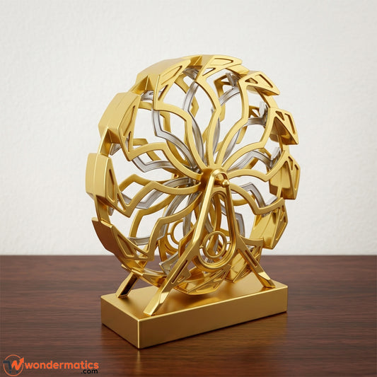 Gold kinetic Ferris wheel decorative tabletop sculpture with geometric design