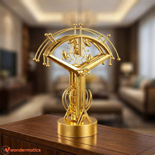 Gold kinetic sculpture and executive office decor featuring a fan-shaped perpetual motion design on a wooden desk.