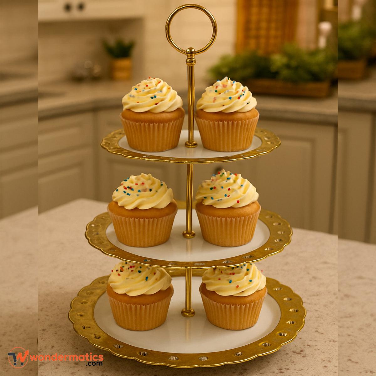 Elegant Gold Metal Cake Stand with Porcelain Plates for Cupcakes, Fruits and Pastries