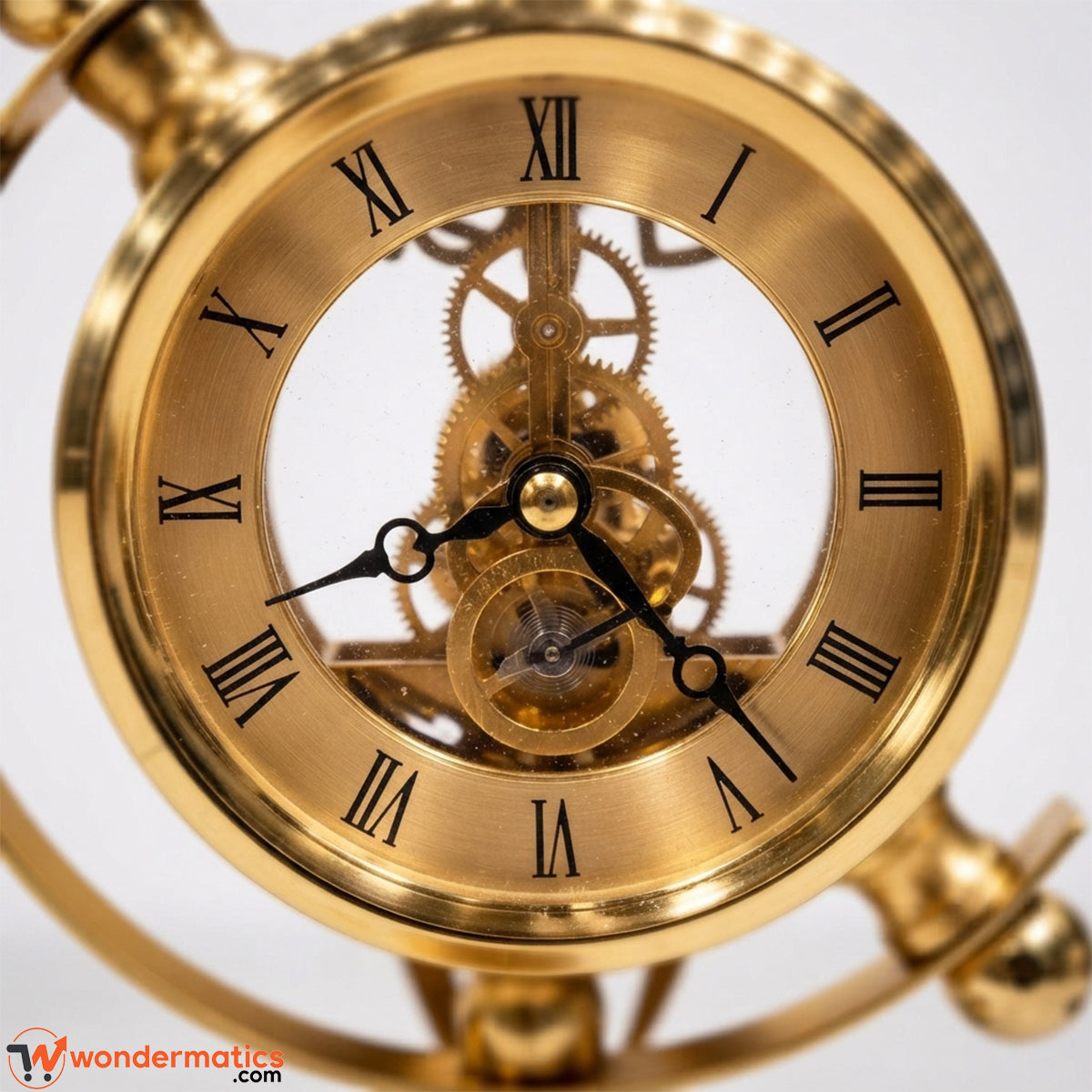 Close-up of a gold-toned mechanical pocket watch face with Roman numerals, visible gears through a transparent center, and ornate black hands on a light gray background.
