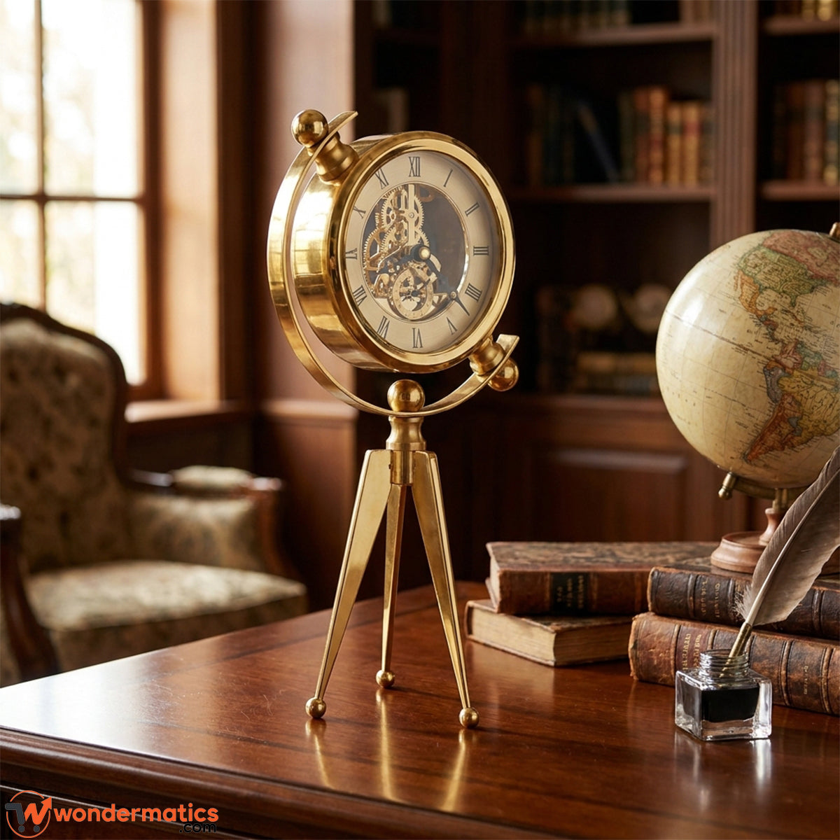 A brass table clock with a tripod base and visible internal gears, styled on a wooden desk next to books, a globe, and a feather quill in a warm, vintage study setting.