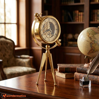A brass table clock with a tripod base and visible internal gears, styled on a wooden desk next to books, a globe, and a feather quill in a warm, vintage study setting.