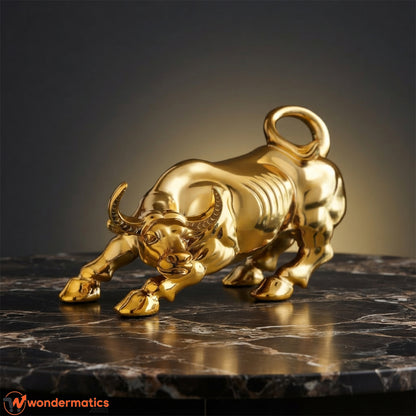 Glossy gold Wall Street bull figurine displayed as home and office desk decor