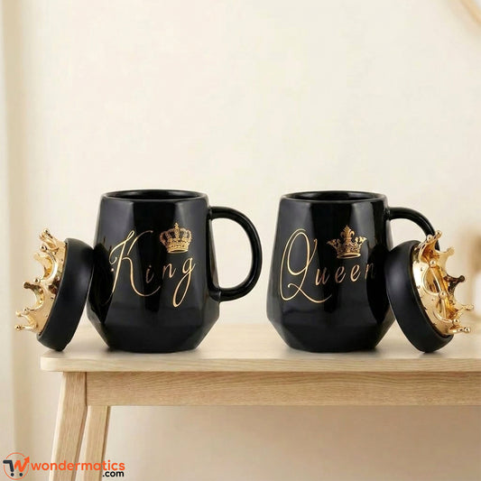 Close-up of golden crown insulated lid on black King Queen ceramic mug by Wondermatics Pakistan
