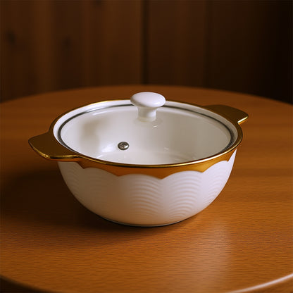 Golden handle ceramic serving bowl with lid – elegant table presentation