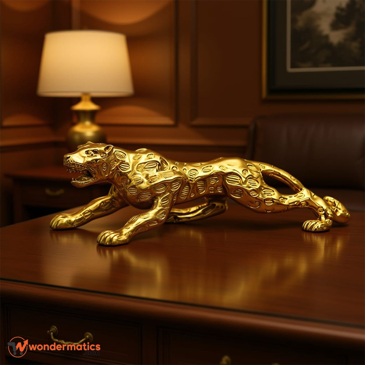Golden leopard table decor, elegant animal figurine for stylish home and office decoration, 30cm premium metal resin statue with golden finish.