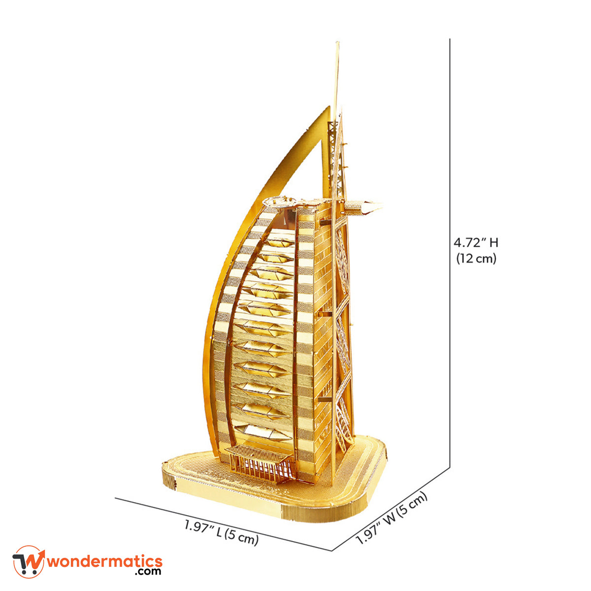 Close-up of golden metal Burj Al Arab model showing detailed craftsmanship