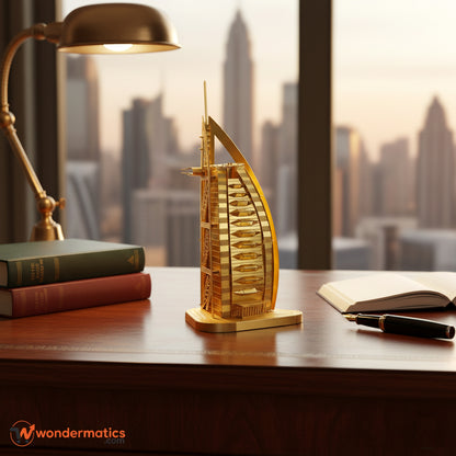 Golden Burj Al Arab model displayed on office desk for modern décor