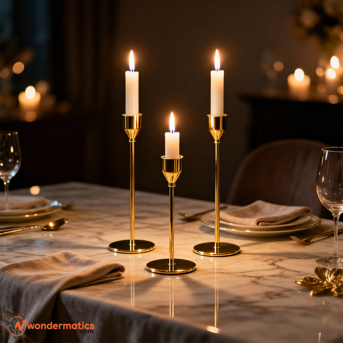 set of 3 golden metal candle stands for elegant home decor and table styling