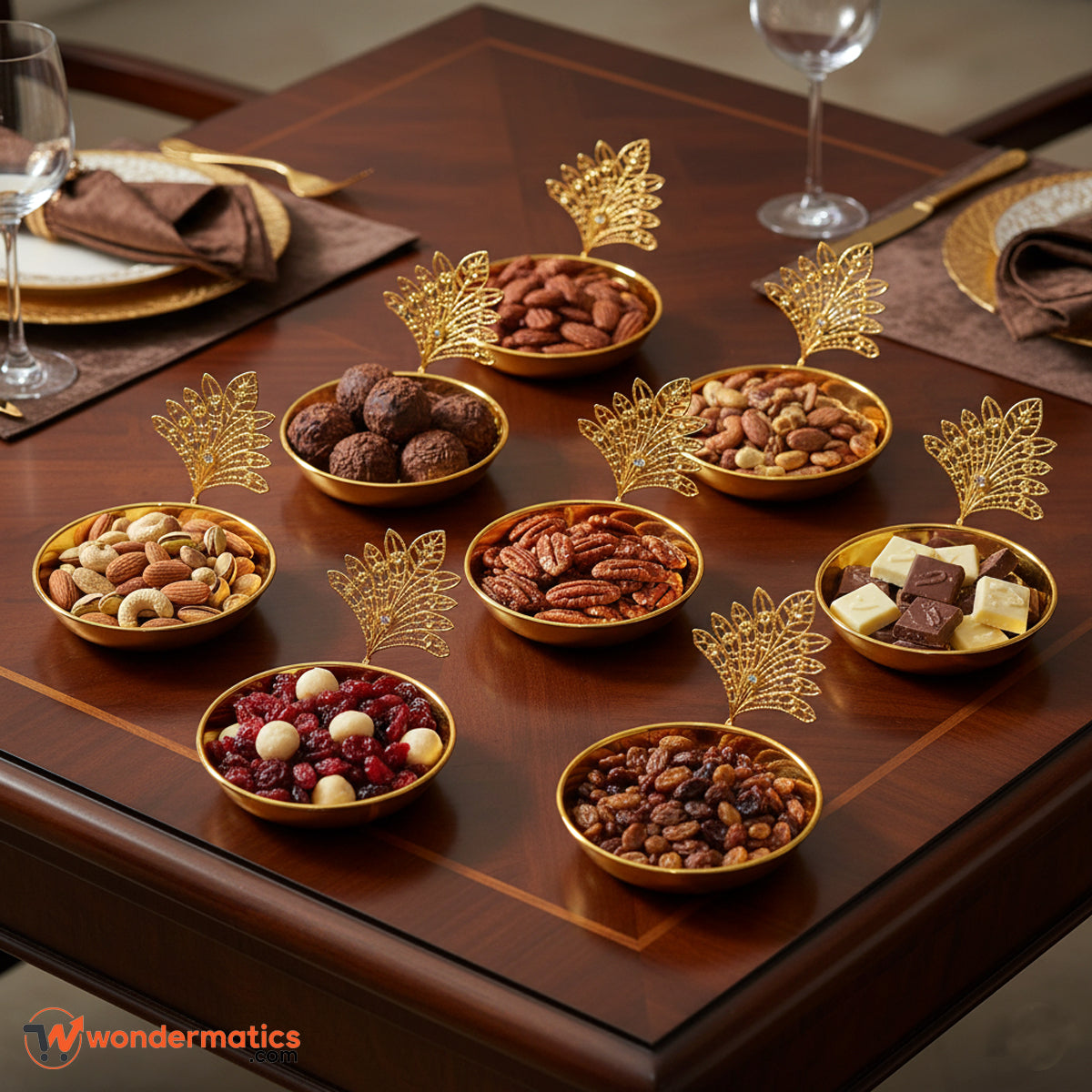 Golden metal dry fruit bowls set for home festive and party serving