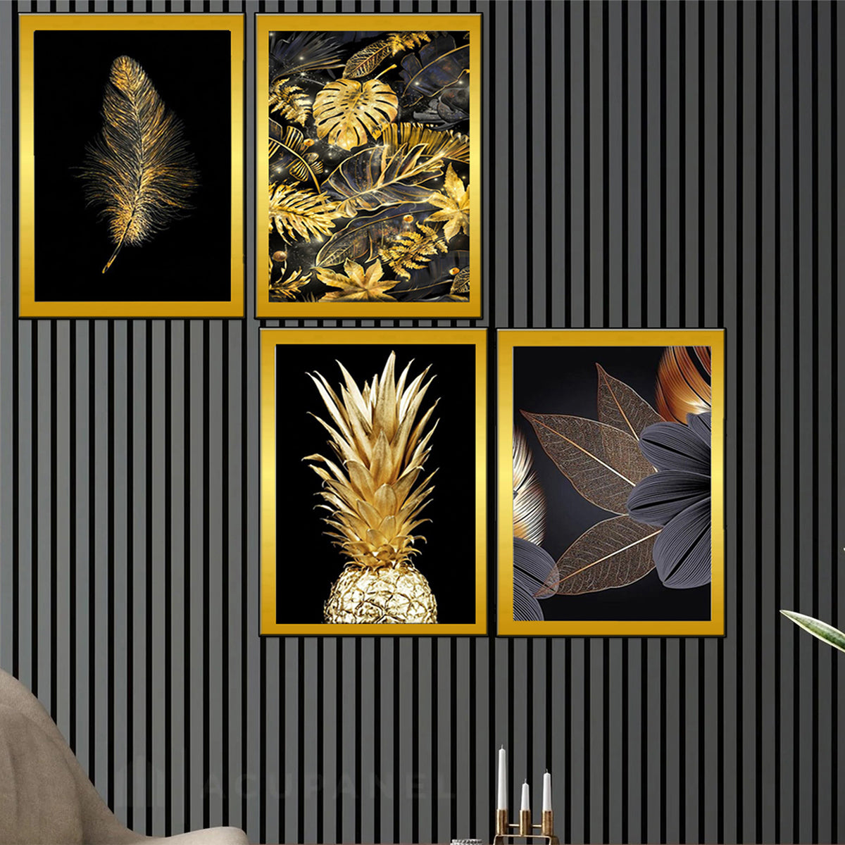 Golden Wall Art Frame Set with Black and Gold Prints – A4 Size for Home Decor