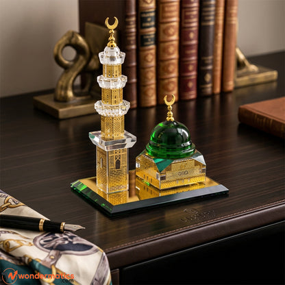 Green Dome and minaret crystal Islamic table ornament with gold detail on mirror base