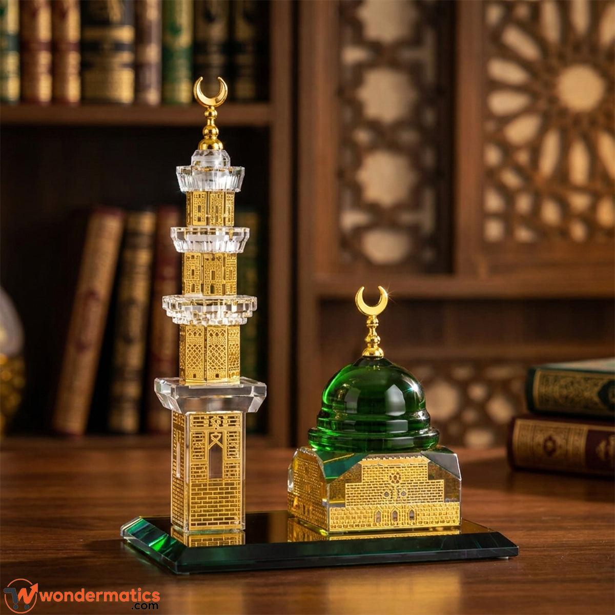 Green Dome and minaret crystal ornament displayed on a wooden desk with bookshelf background