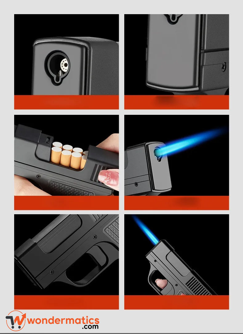 Gun-inspired black cigarette case with arc lighter