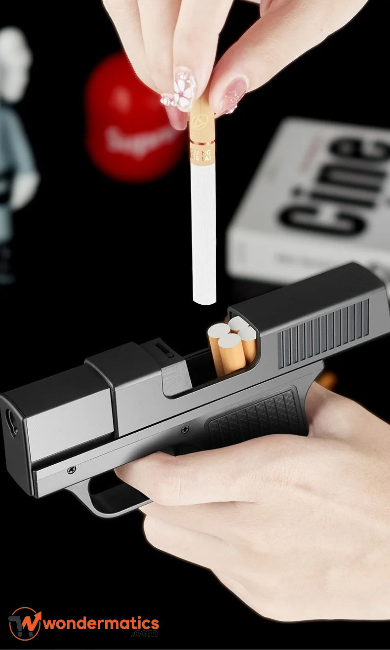 Black gun-inspired cigarette case with windproof lighter