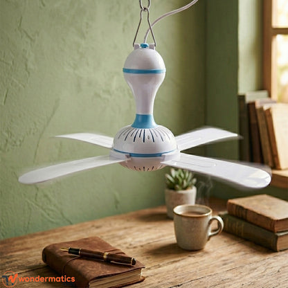 Small hook ceiling fan hanging in bedroom for cool air at home