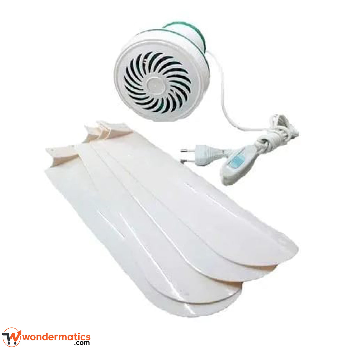 Closeup of 4 blade design and hanging hook on portable mini fan