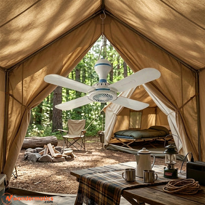 Portable hook ceiling fan hanging inside a camping tent for airflow