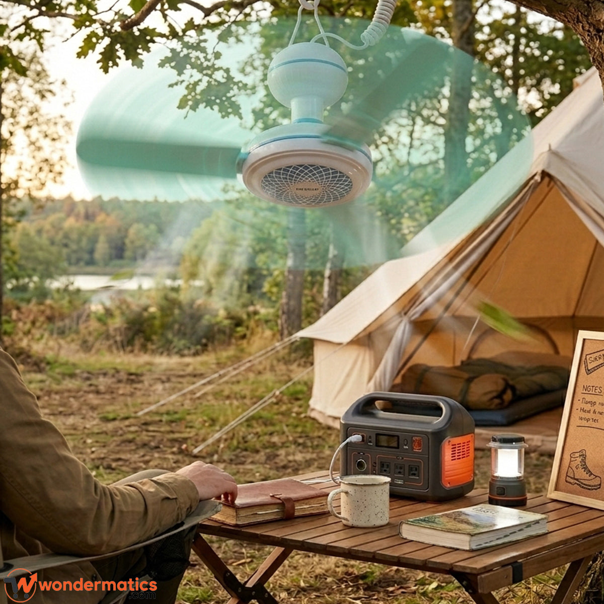 Portable hook fan hanging in camping tent for outdoor cooling
