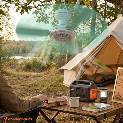 Portable hook fan hanging in camping tent for outdoor cooling