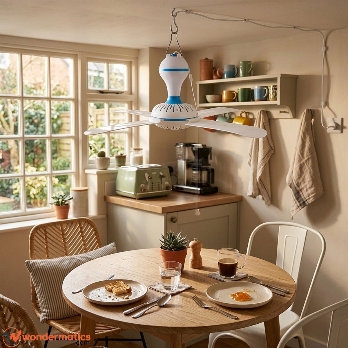 Mini hook fan hanging in the kitchen for cool air while cooking