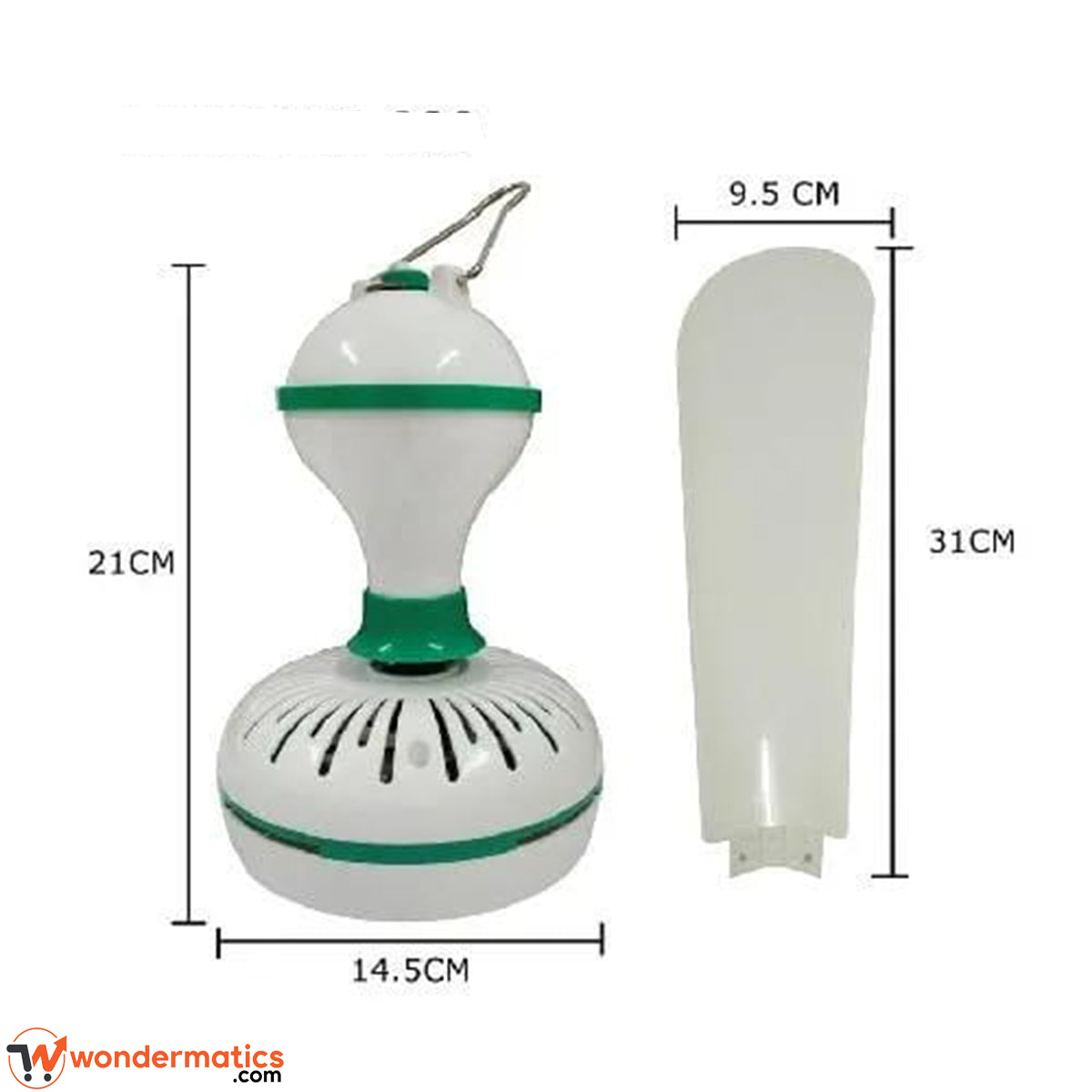 Portable ceiling hook fan size comparison showing compact dimensions