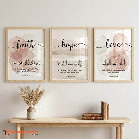 Islamic wall art set of 3 featuring Faith Hope Love Allah Trust print with front glass frames for Muslim home decor