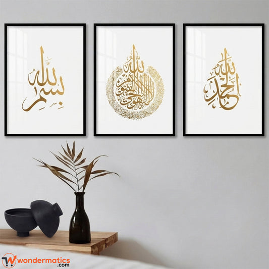 Set of 3 Islamic wall frames styled on a living room feature wall