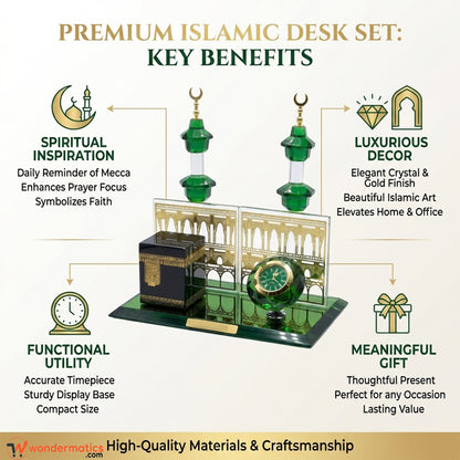Infographic showing features of Kaaba crystal table clock decor set