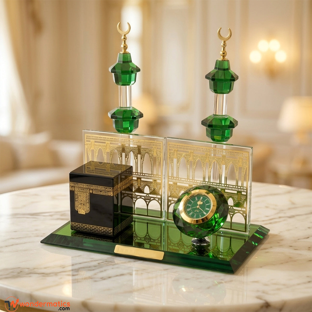 Islamic Kaaba clock decor piece placed on living room shelf