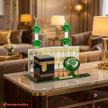 Islamic Kaaba clock decor set displayed on TV unit at home
