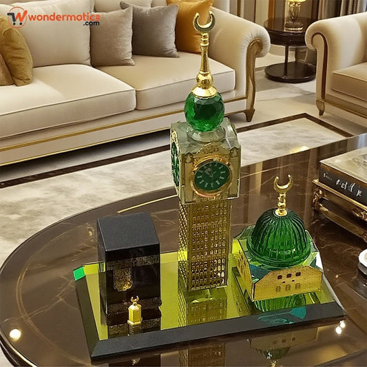 Full display of the 3-in-1 Crystal Kaaba Clock Tower set with all elements