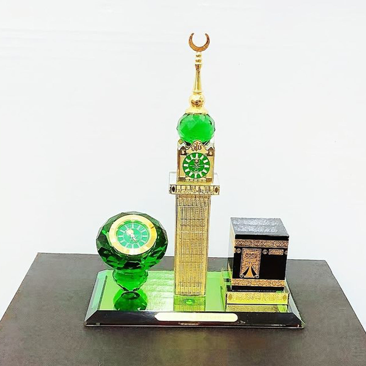 Full display of the 3-in-1 Crystal Kaaba Clock Tower set with all elements