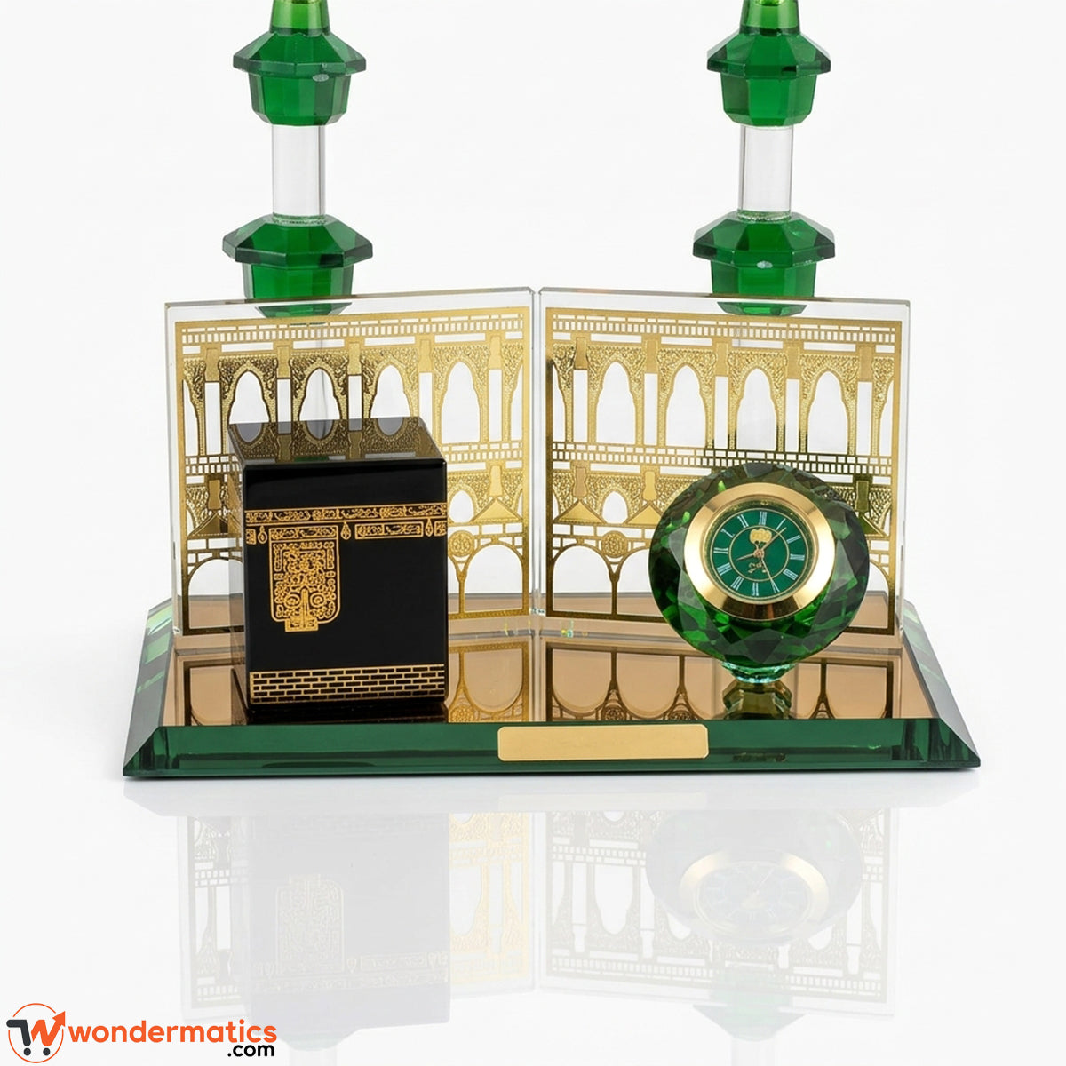Closeup of gold metal accents on Kaaba crystal table clock