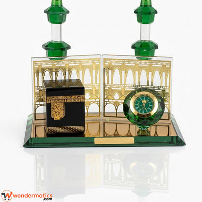 Closeup of gold metal accents on Kaaba crystal table clock