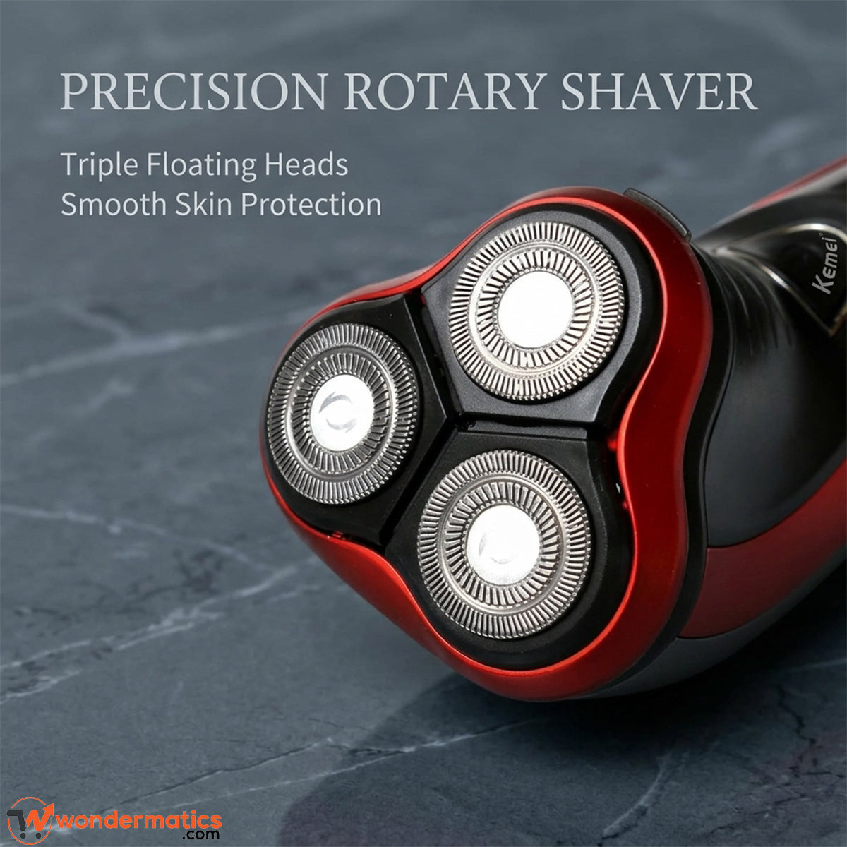Close-up of the 3D rotating floating shaving head on the Kemei KM-9013
