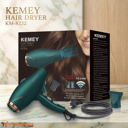Kemey KM-8222 green foldable professional hair dryer with rose gold accents