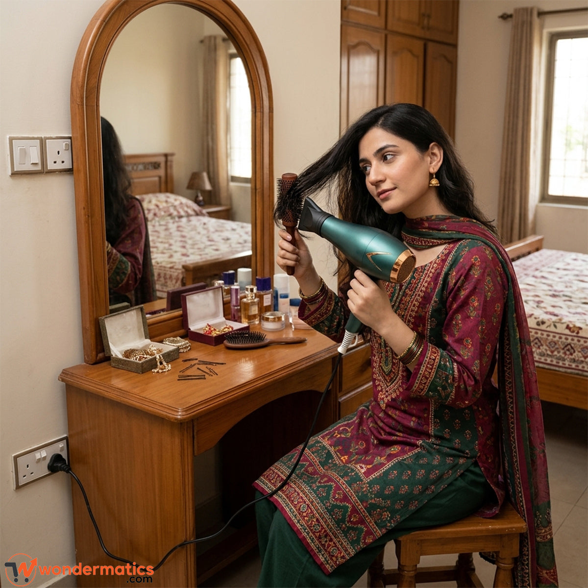 Kemey KM-8222 hair dryer being used for a home hair styling routine