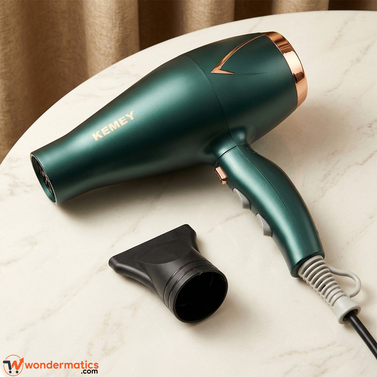 Side view of the Kemey KM-8222 green hair dryer showing its body and handle