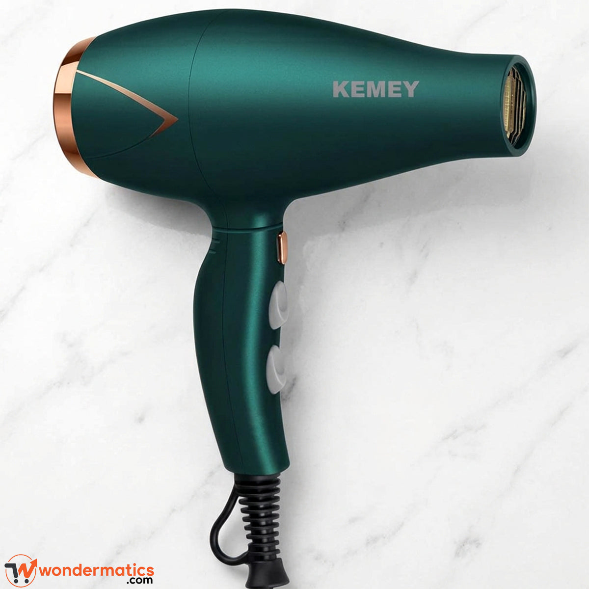 Front view of the Kemey KM-8222 professional hair dryer with nozzle attached