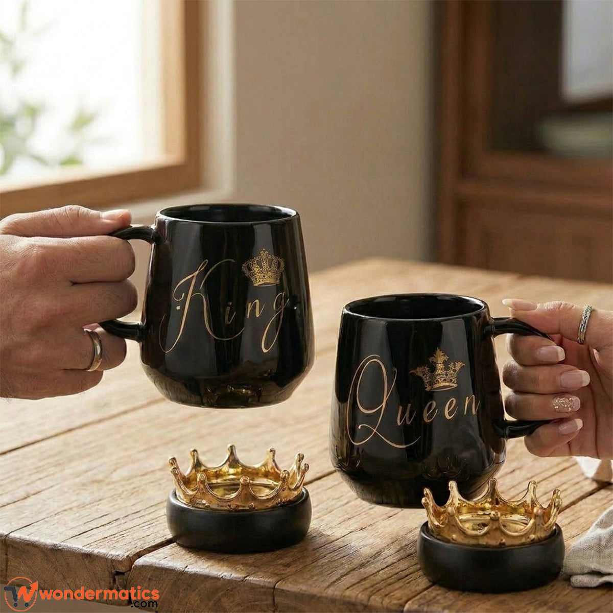 Couple enjoying morning tea in matching black King and Queen mugs with golden crown lids at home