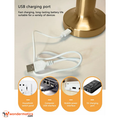 LED touch lamp charging port and control buttons – rechargeable and dimmable