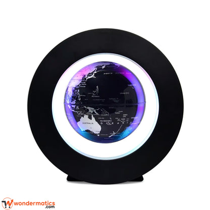 Side angle of a levitating globe lamp showing the floating globe within its black frame